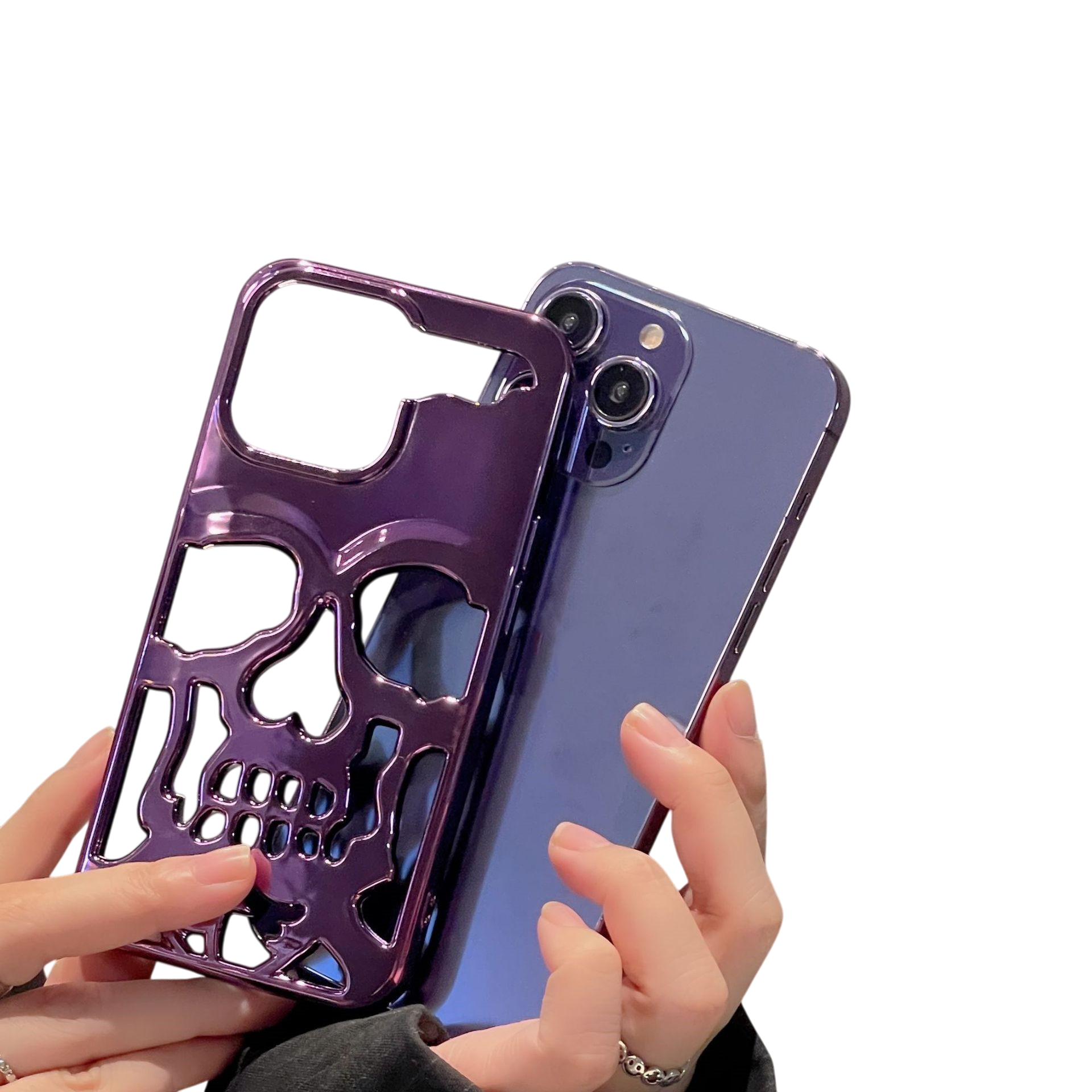 Luxury purple metallic 3D skull hollow phone case for iPhone showing electroplated finish