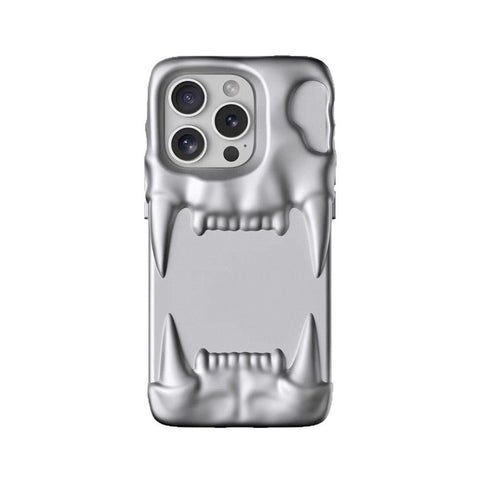 Creative silver metallic 3D hollow tiger tooth fang phone case for iPhone showing sculptural design