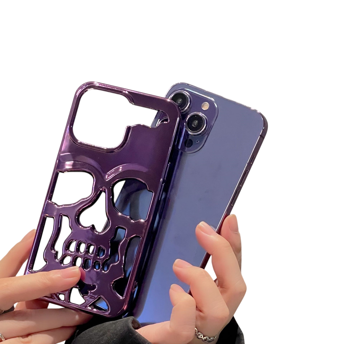 Luxury purple metallic 3D skull hollow phone case for iPhone showing electroplated finish