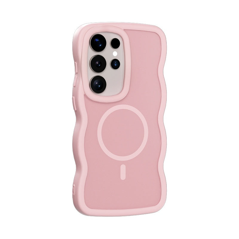 Pink magnetic MagSafe wavy edge skin-feel silicone phone case for Samsung showing magnetic ring