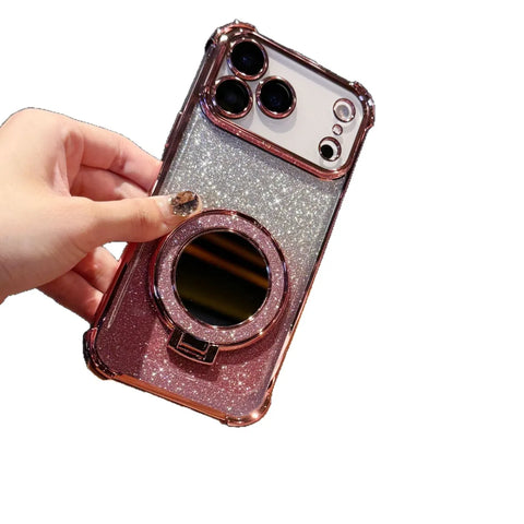 Pink rose gold gradient glitter mirror magnetic bracket ring stand phone case for iPhone